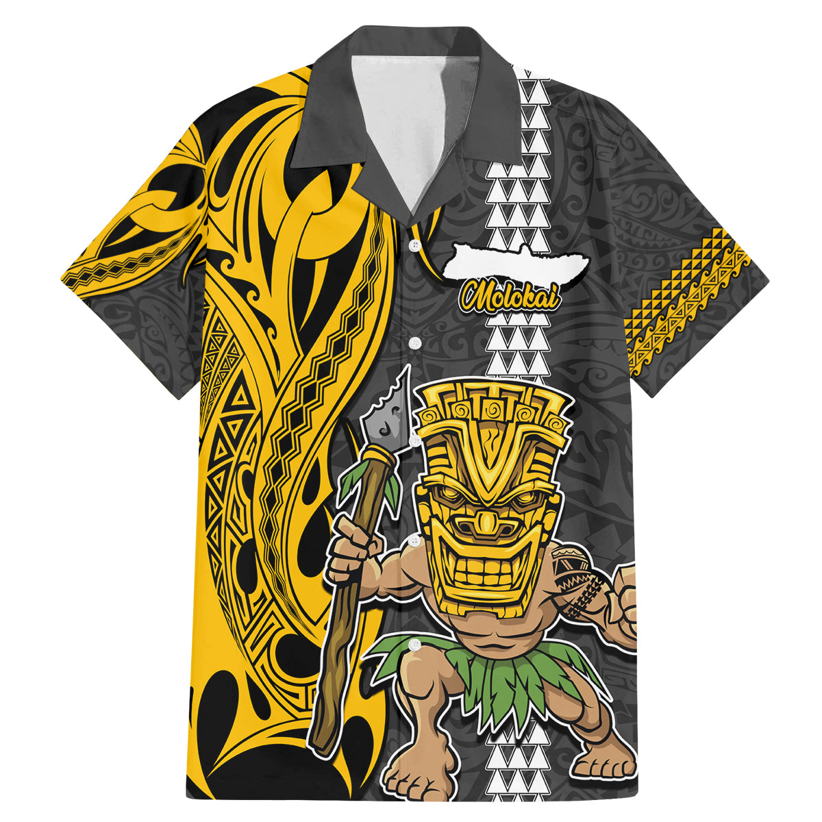 Hawaii Molokai Island Family Matching Mermaid Dress and Hawaiian Shirt Hawaiian Warrior and Kakau Symbols Abstract Tattoo LT03 Dad's Shirt - Short Sleeve Yellow - Polynesian Pride