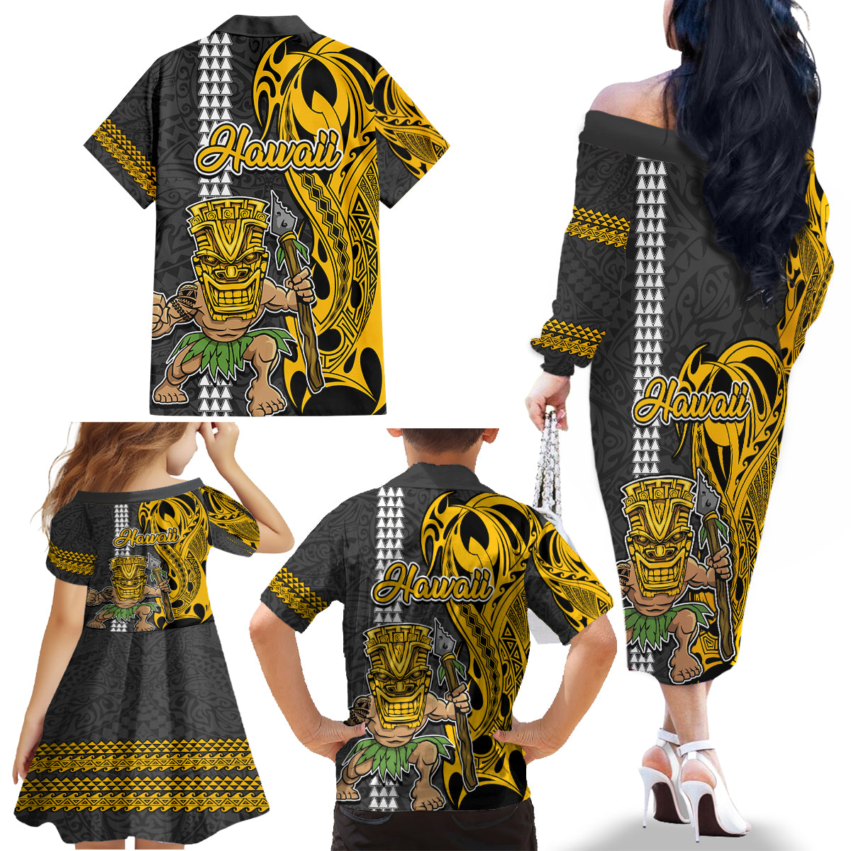 Hawaii Molokai Island Family Matching Off Shoulder Long Sleeve Dress and Hawaiian Shirt Hawaiian Warrior and Kakau Symbols Abstract Tattoo LT03 - Polynesian Pride