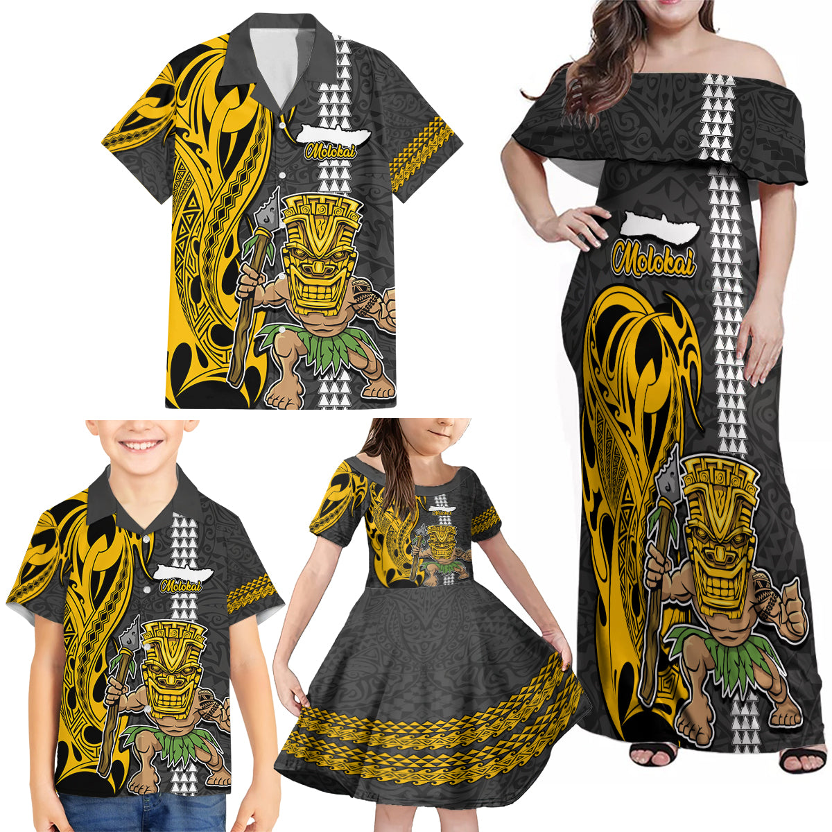 Hawaii Molokai Island Family Matching Off Shoulder Maxi Dress and Hawaiian Shirt Hawaiian Warrior and Kakau Symbols Abstract Tattoo LT03 - Polynesian Pride