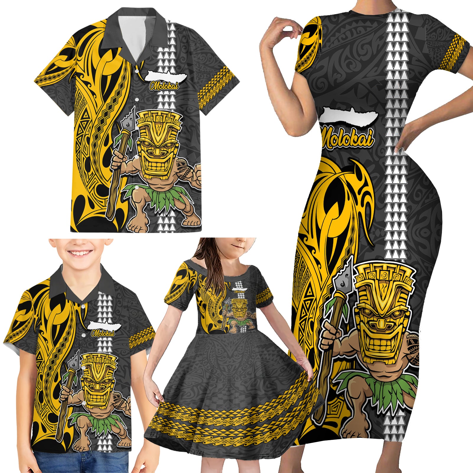 Hawaii Molokai Island Family Matching Short Sleeve Bodycon Dress and Hawaiian Shirt Hawaiian Warrior and Kakau Symbols Abstract Tattoo LT03 - Polynesian Pride