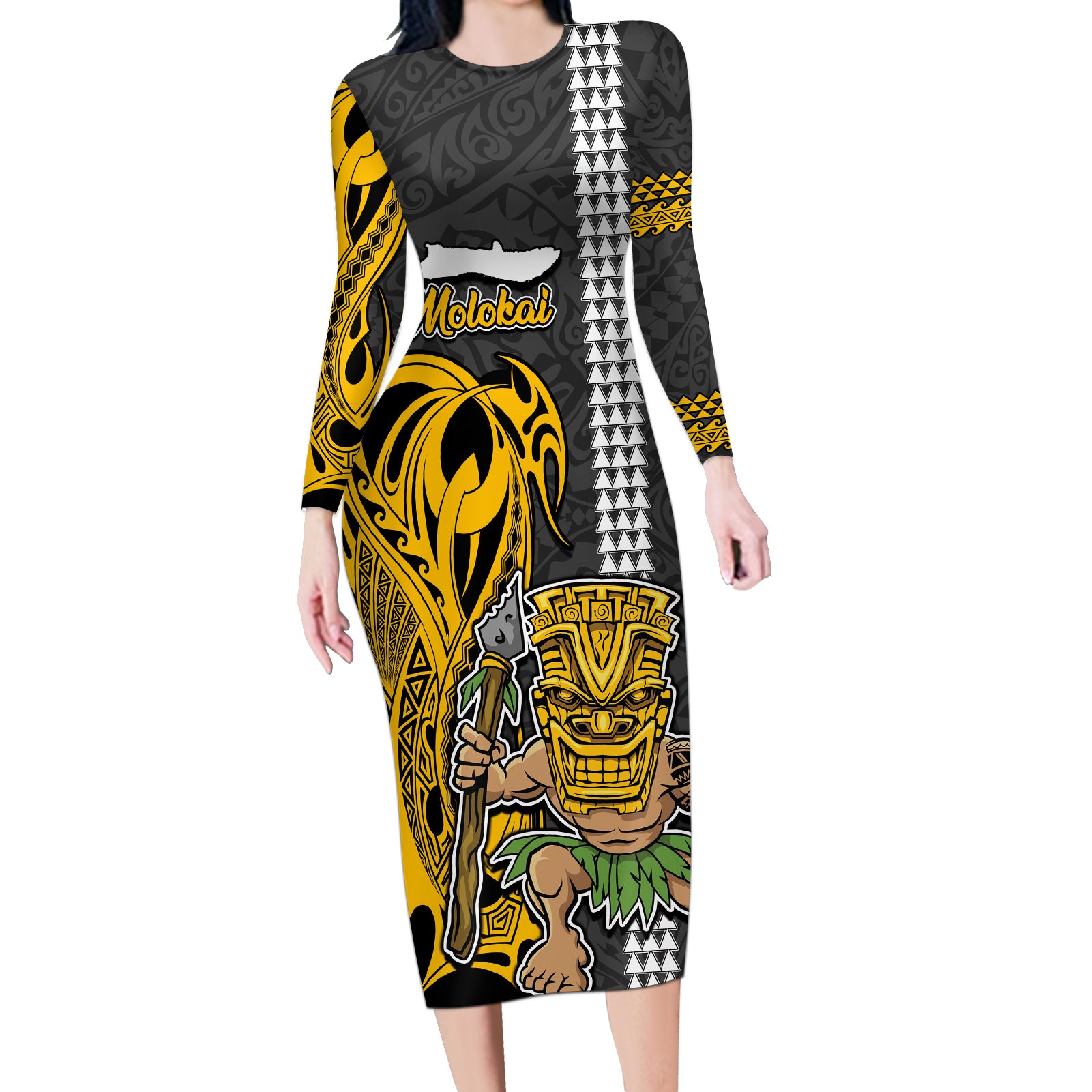 Hawaii Molokai Island Long Sleeve Bodycon Dress Hawaiian Warrior and Kakau Symbols Abstract Tattoo LT03 Long Dress Yellow - Polynesian Pride