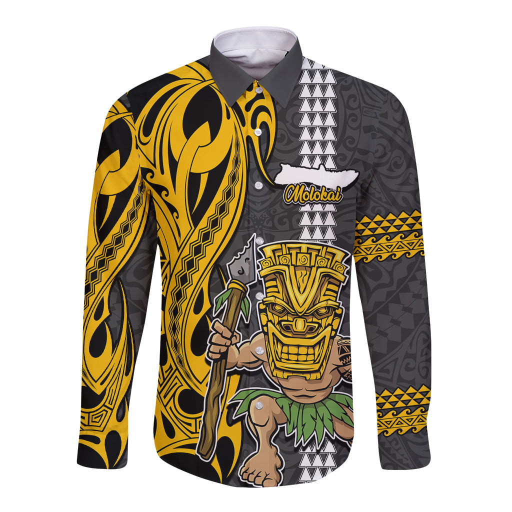 Hawaii Molokai Island Long Sleeve Button Shirt Hawaiian Warrior and Kakau Symbols Abstract Tattoo LT03 Unisex Yellow - Polynesian Pride