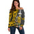 Hawaii Molokai Island Off Shoulder Sweater Hawaiian Warrior and Kakau Symbols Abstract Tattoo LT03 Women Yellow - Polynesian Pride