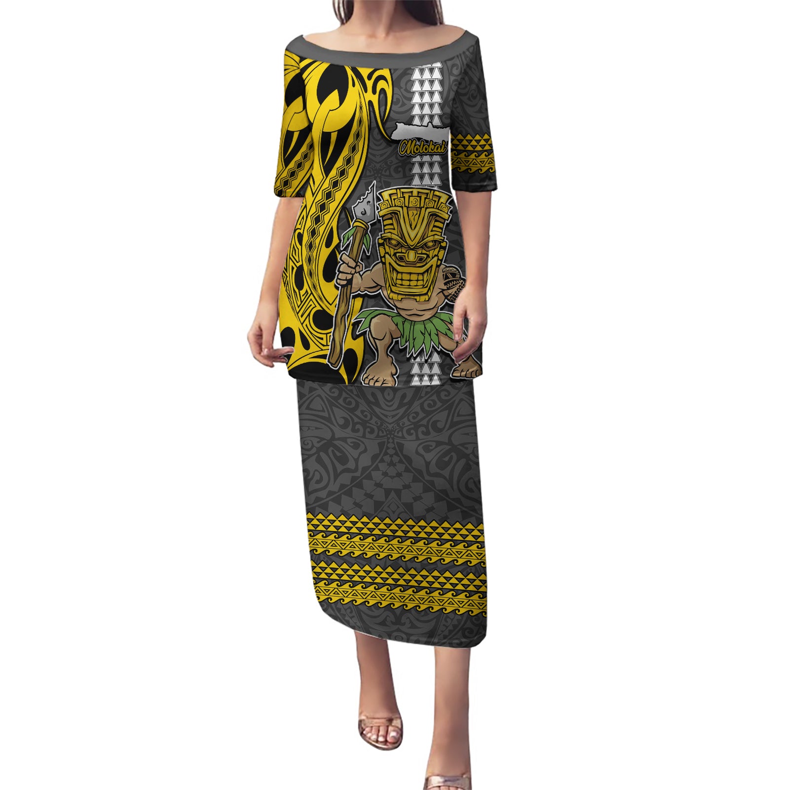 Hawaii Molokai Island Puletasi Hawaiian Warrior and Kakau Symbols Abstract Tattoo LT03 Long Dress Yellow - Polynesian Pride