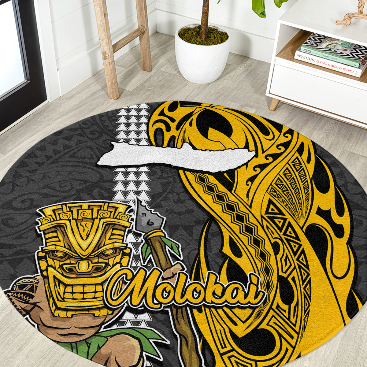 Hawaii Molokai Island Round Carpet Hawaiian Warrior and Kakau Symbols Abstract Tattoo LT03 Yellow - Polynesian Pride