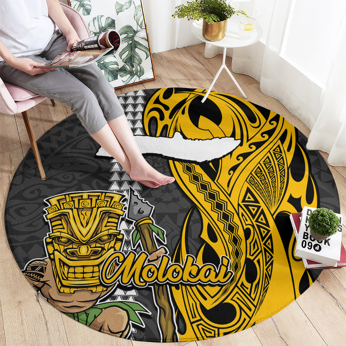 Hawaii Molokai Island Round Carpet Hawaiian Warrior and Kakau Symbols Abstract Tattoo LT03 - Polynesian Pride