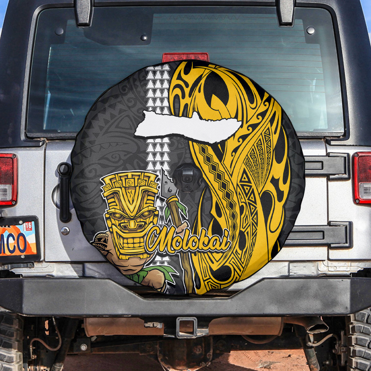 Hawaii Molokai Island Spare Tire Cover Hawaiian Warrior and Kakau Symbols Abstract Tattoo LT03 - Polynesian Pride
