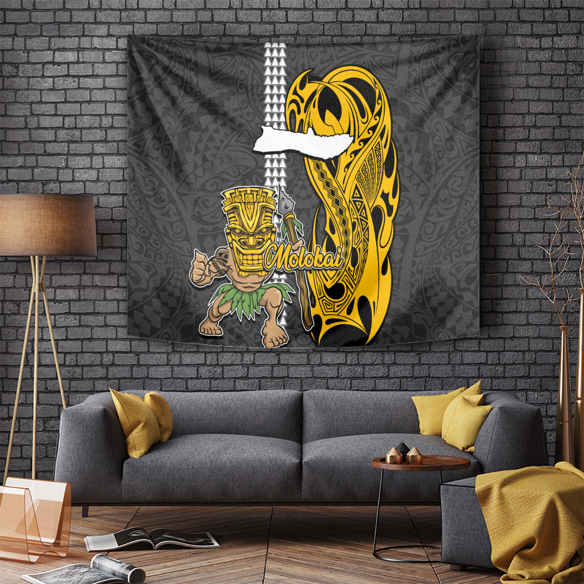 Hawaii Molokai Island Tapestry Hawaiian Warrior and Kakau Symbols Abstract Tattoo LT03 Yellow - Polynesian Pride