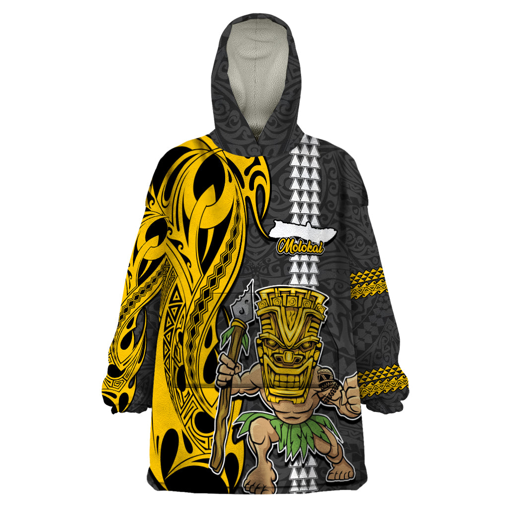 Hawaii Molokai Island Wearable Blanket Hoodie Hawaiian Warrior and Kakau Symbols Abstract Tattoo LT03 One Size Yellow - Polynesian Pride