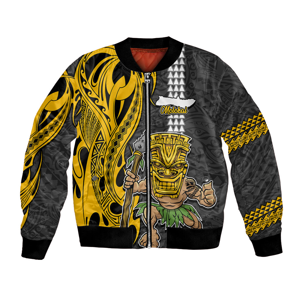Custom Hawaii Molokai Island Bomber Jacket Hawaiian Warrior and Kakau Symbols Abstract Tattoo LT03 Unisex Yellow - Polynesian Pride