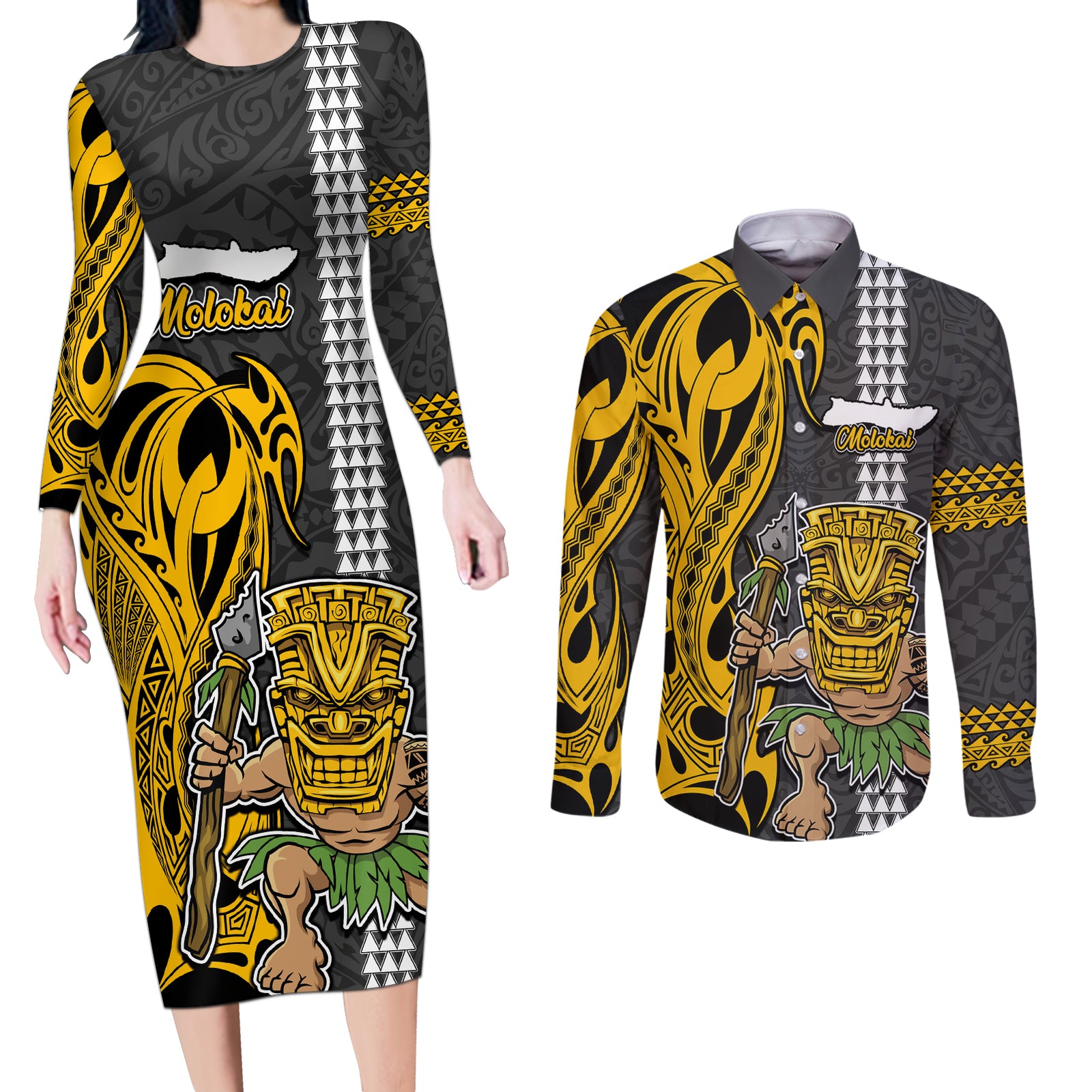 Custom Hawaii Molokai Island Couples Matching Long Sleeve Bodycon Dress and Long Sleeve Button Shirts Hawaiian Warrior and Kakau Symbols Abstract Tattoo LT03 Yellow - Polynesian Pride