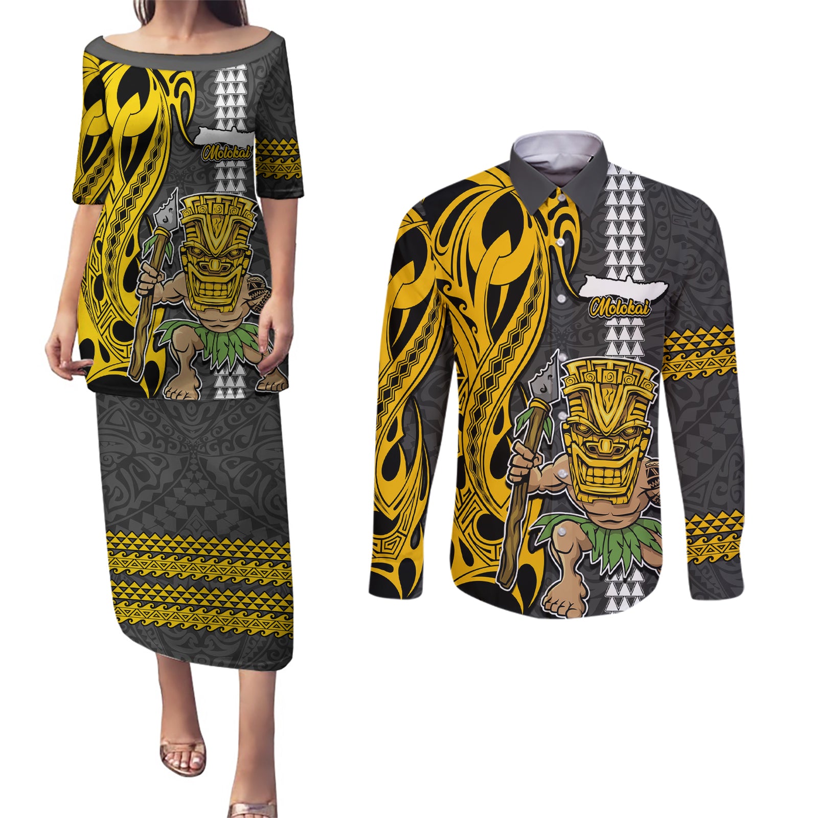 Custom Hawaii Molokai Island Couples Matching Puletasi Dress and Long Sleeve Button Shirts Hawaiian Warrior and Kakau Symbols Abstract Tattoo LT03 Yellow - Polynesian Pride
