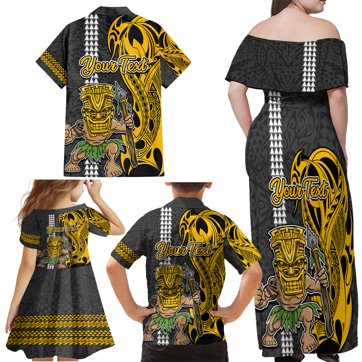 Custom Hawaii Molokai Island Family Matching Off Shoulder Maxi Dress and Hawaiian Shirt Hawaiian Warrior and Kakau Symbols Abstract Tattoo LT03 - Polynesian Pride