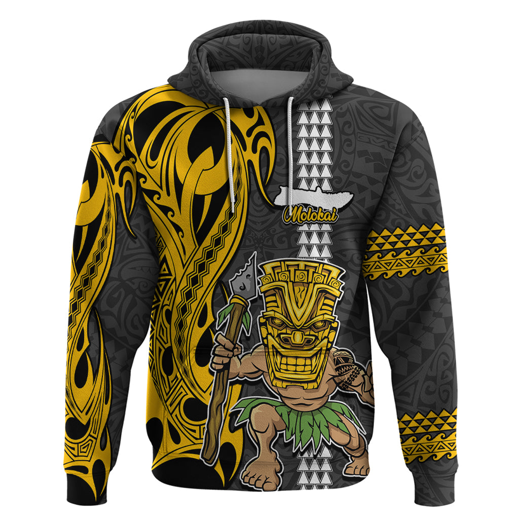 Custom Hawaii Molokai Island Hoodie Hawaiian Warrior and Kakau Symbols Abstract Tattoo LT03 Pullover Hoodie Yellow - Polynesian Pride