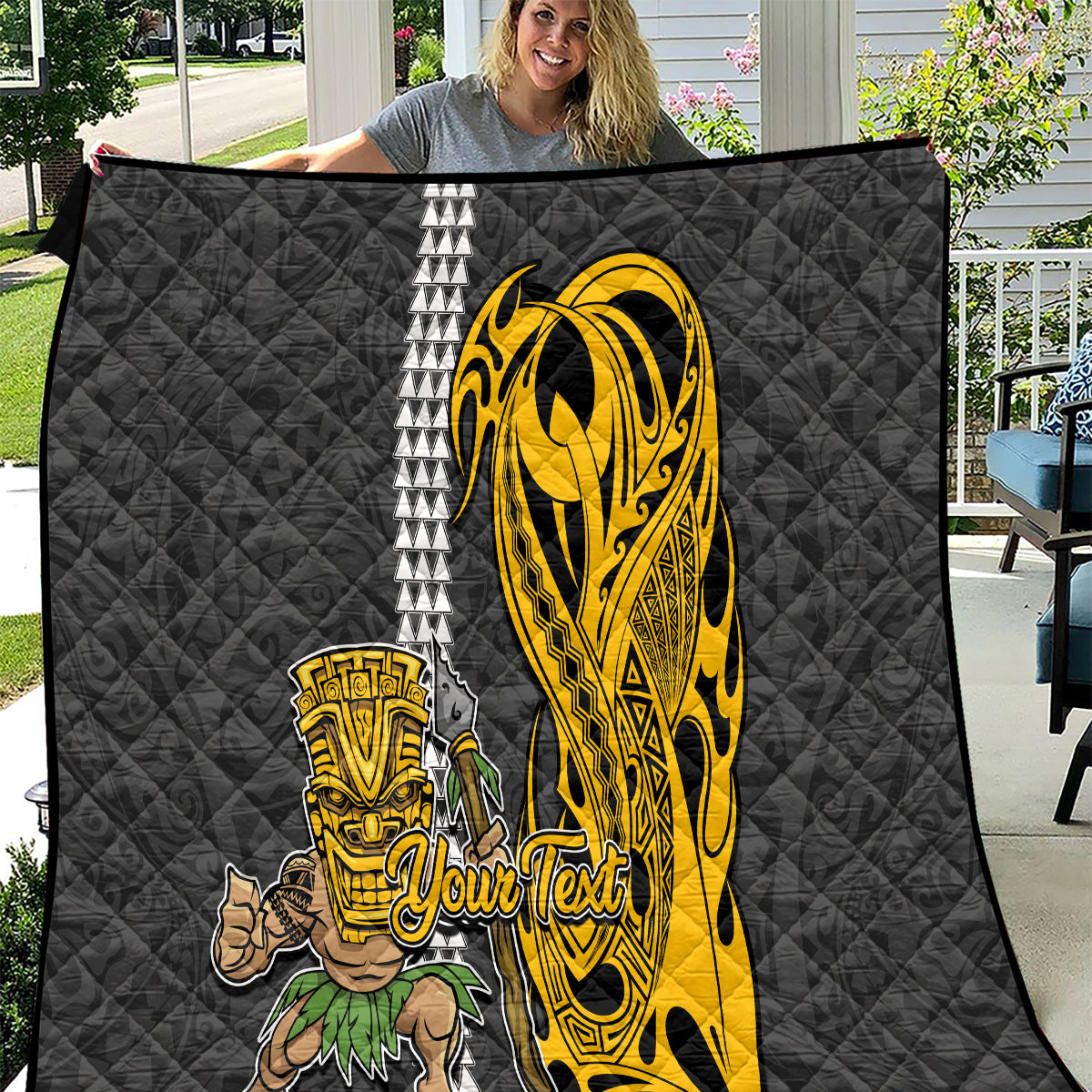 Custom Hawaii Molokai Island Quilt Hawaiian Warrior and Kakau Symbols Abstract Tattoo LT03 Yellow - Polynesian Pride