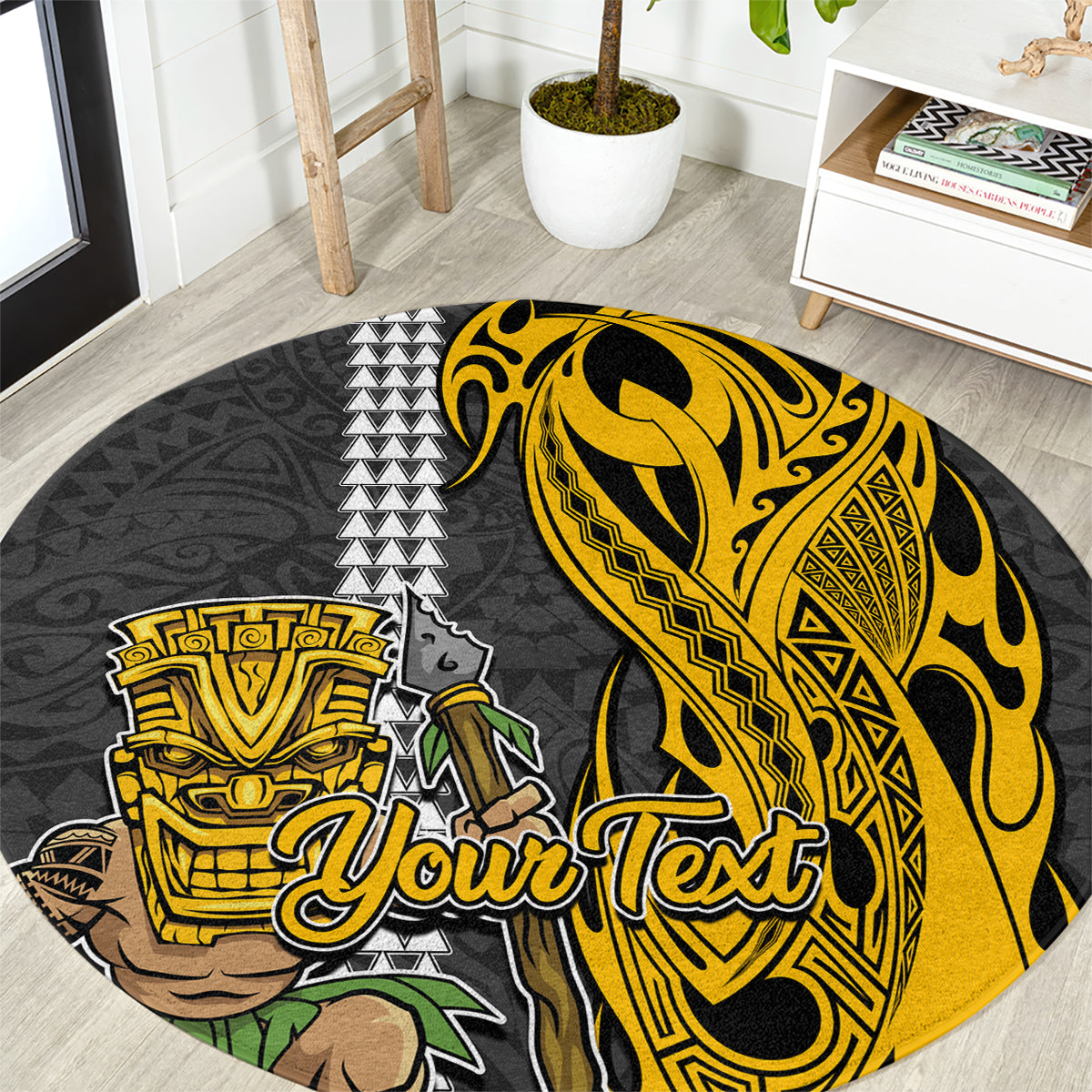 Custom Hawaii Molokai Island Round Carpet Hawaiian Warrior and Kakau Symbols Abstract Tattoo LT03 Yellow - Polynesian Pride