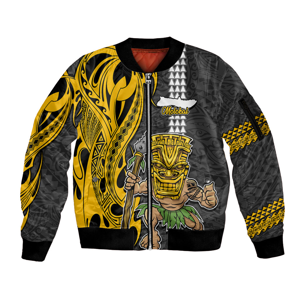 Custom Hawaii Molokai Island Sleeve Zip Bomber Jacket Hawaiian Warrior and Kakau Symbols Abstract Tattoo LT03 Unisex Yellow - Polynesian Pride