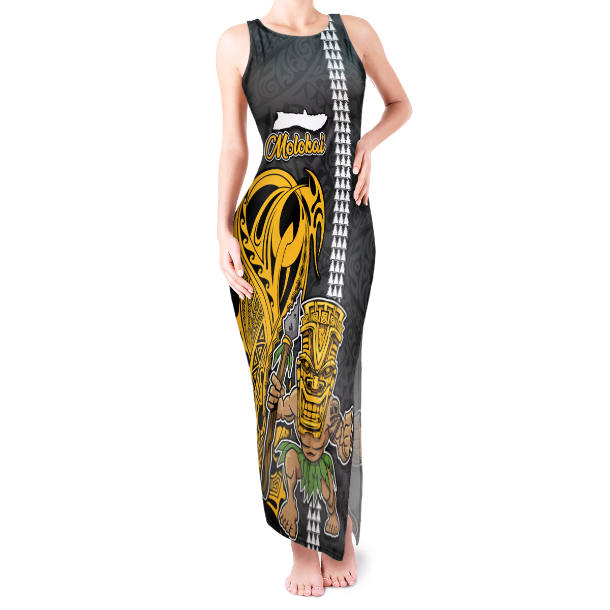 Custom Hawaii Molokai Island Tank Maxi Dress Hawaiian Warrior and Kakau Symbols Abstract Tattoo LT03 Women Yellow - Polynesian Pride