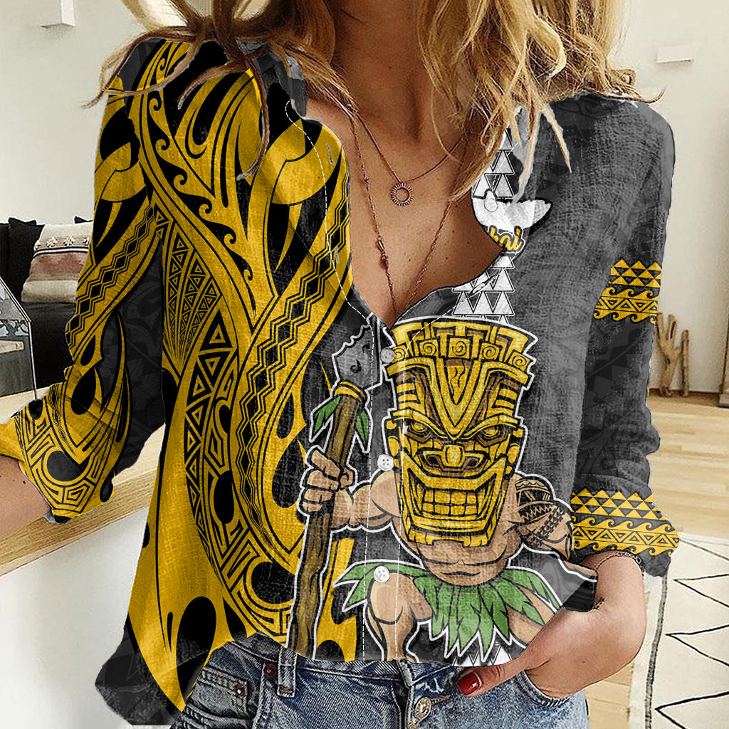 Custom Hawaii Molokai Island Women Casual Shirt Hawaiian Warrior and Kakau Symbols Abstract Tattoo LT03 Female Yellow - Polynesian Pride
