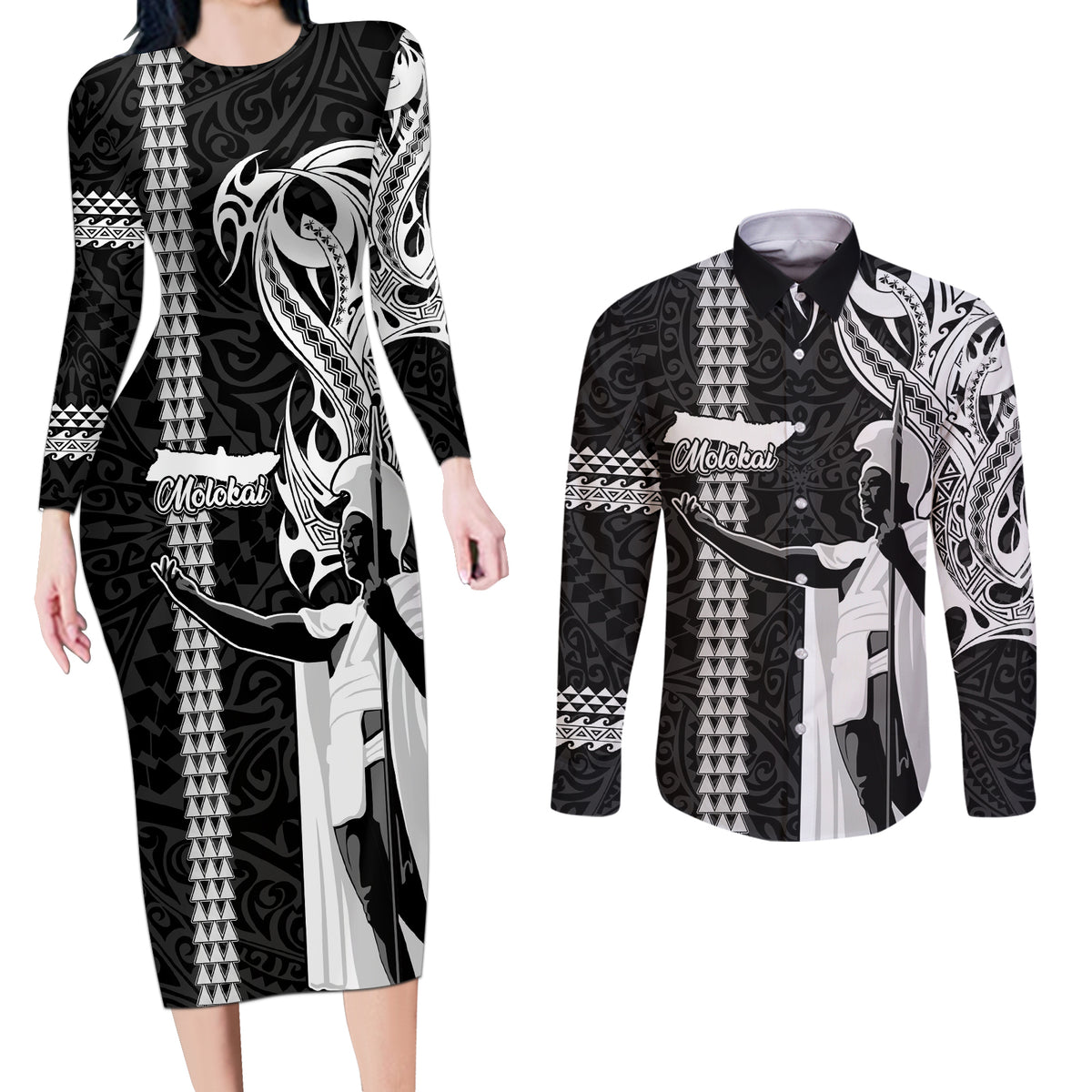 Hawaii Molokai Island Couples Matching Long Sleeve Bodycon Dress and Long Sleeve Button Shirts Hawaiian King and Kakau Symbols Abstract Shoulder Tattoo LT03 Black - Polynesian Pride