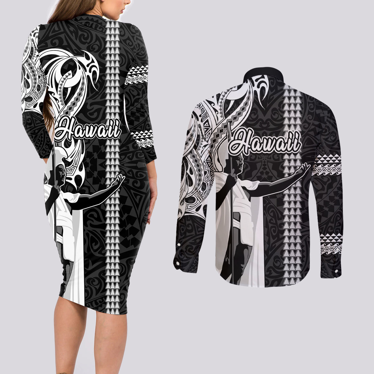 Hawaii Molokai Island Couples Matching Long Sleeve Bodycon Dress and Long Sleeve Button Shirts Hawaiian King and Kakau Symbols Abstract Shoulder Tattoo LT03 - Polynesian Pride