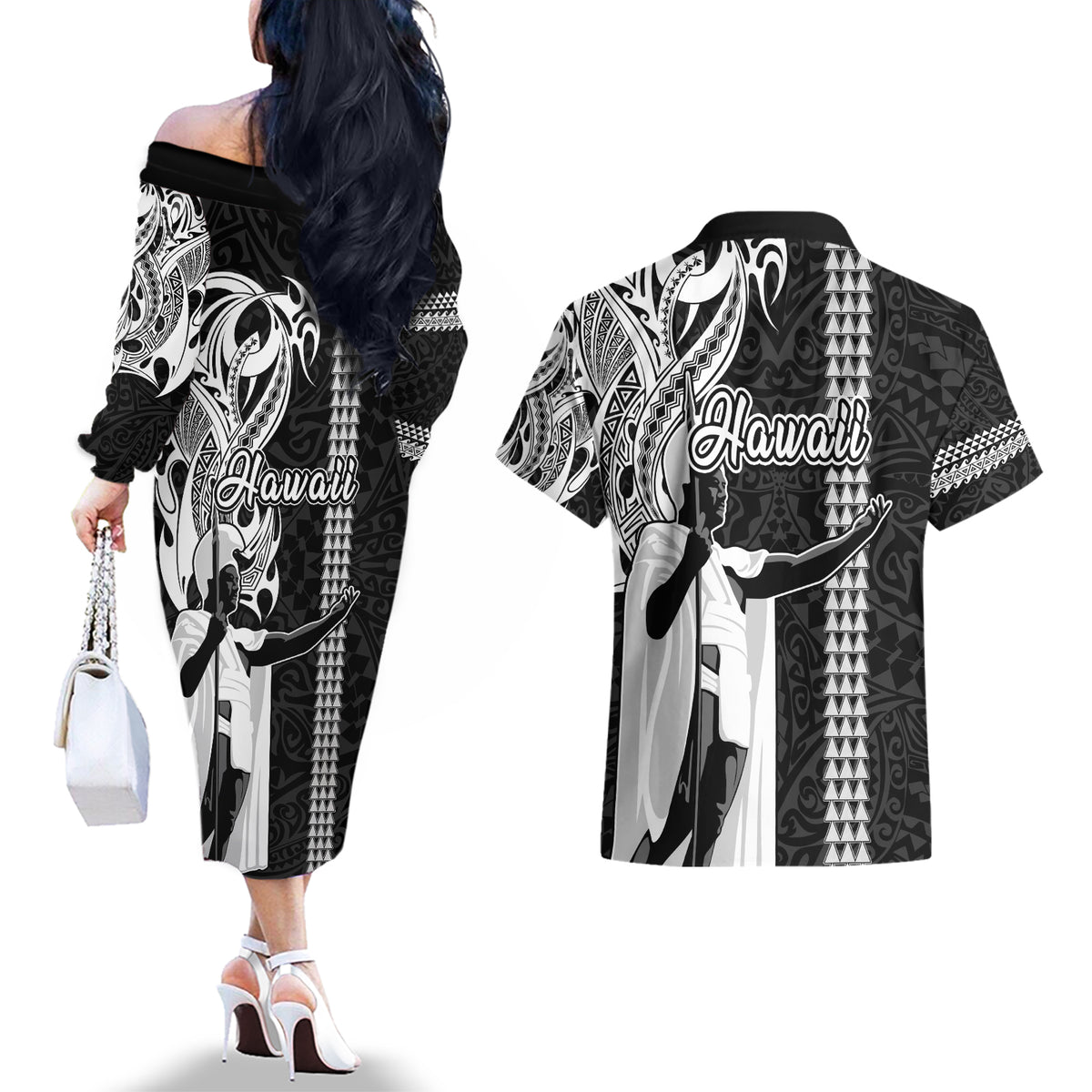 Hawaii Molokai Island Couples Matching Off The Shoulder Long Sleeve Dress and Hawaiian Shirt Hawaiian King and Kakau Symbols Abstract Shoulder Tattoo LT03 - Polynesian Pride