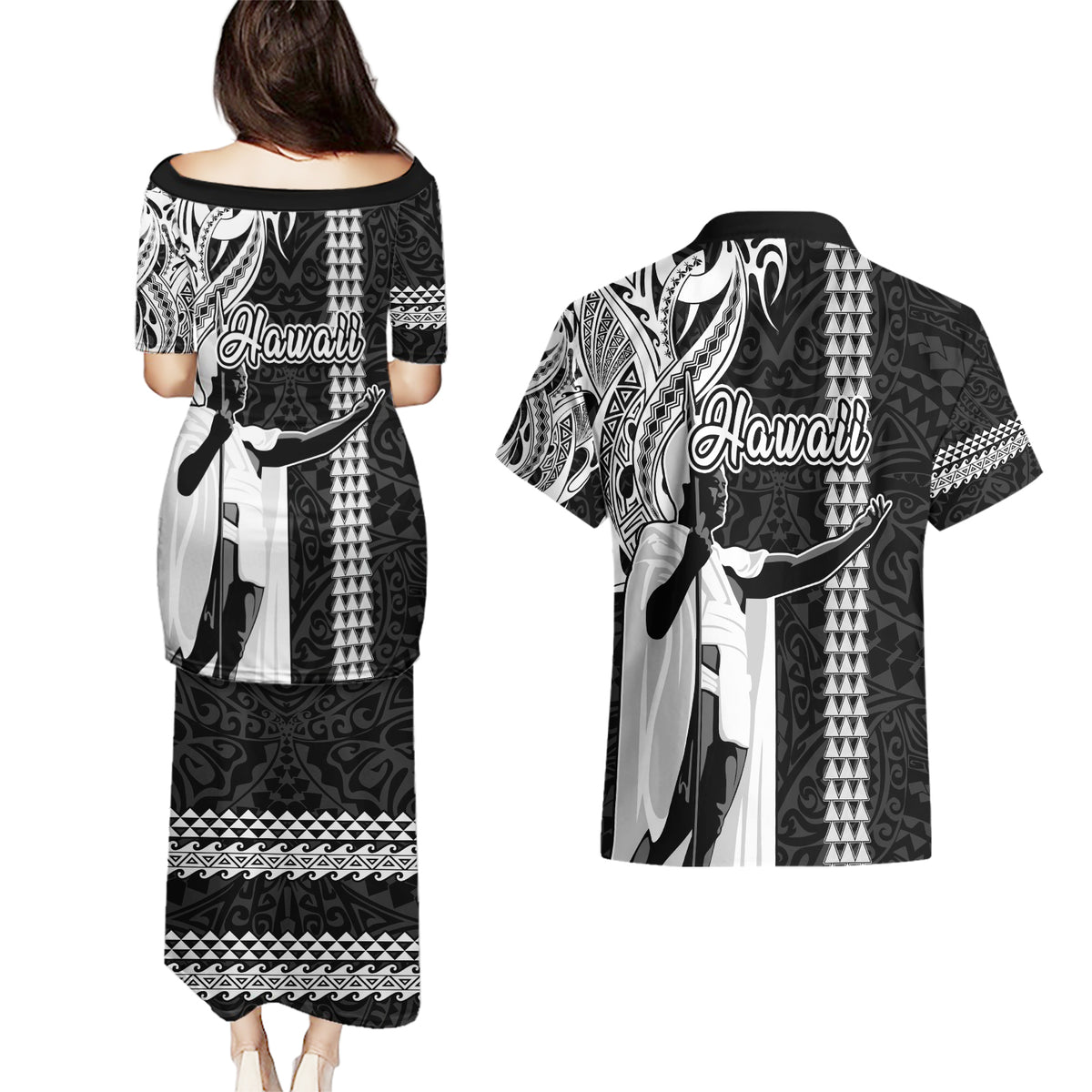 Hawaii Molokai Island Couples Matching Puletasi Dress and Hawaiian Shirt Hawaiian King and Kakau Symbols Abstract Shoulder Tattoo LT03 - Polynesian Pride