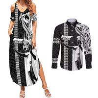 Hawaii Molokai Island Couples Matching Summer Maxi Dress and Long Sleeve Button Shirts Hawaiian King and Kakau Symbols Abstract Shoulder Tattoo LT03 Black - Polynesian Pride