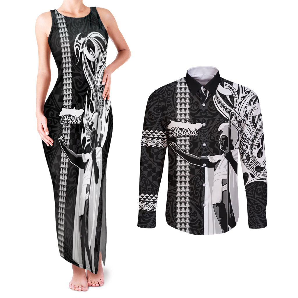 Hawaii Molokai Island Couples Matching Tank Maxi Dress and Long Sleeve Button Shirts Hawaiian King and Kakau Symbols Abstract Shoulder Tattoo LT03 Black - Polynesian Pride