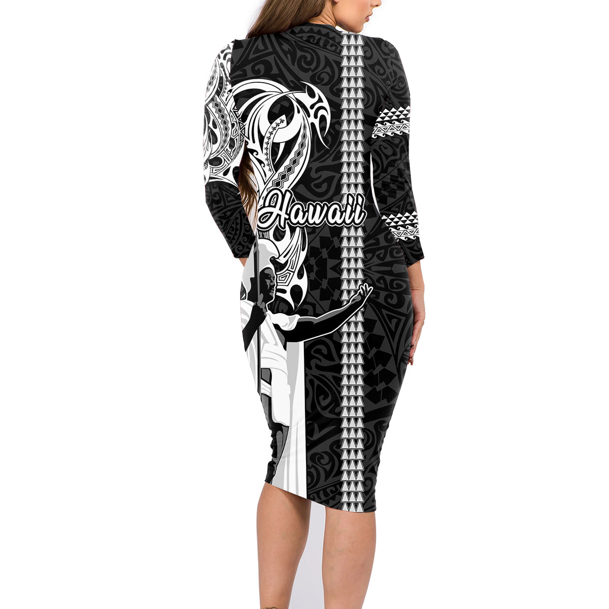 Hawaii Molokai Island Family Matching Long Sleeve Bodycon Dress and Hawaiian Shirt Hawaiian King and Kakau Symbols Abstract Shoulder Tattoo LT03 - Polynesian Pride