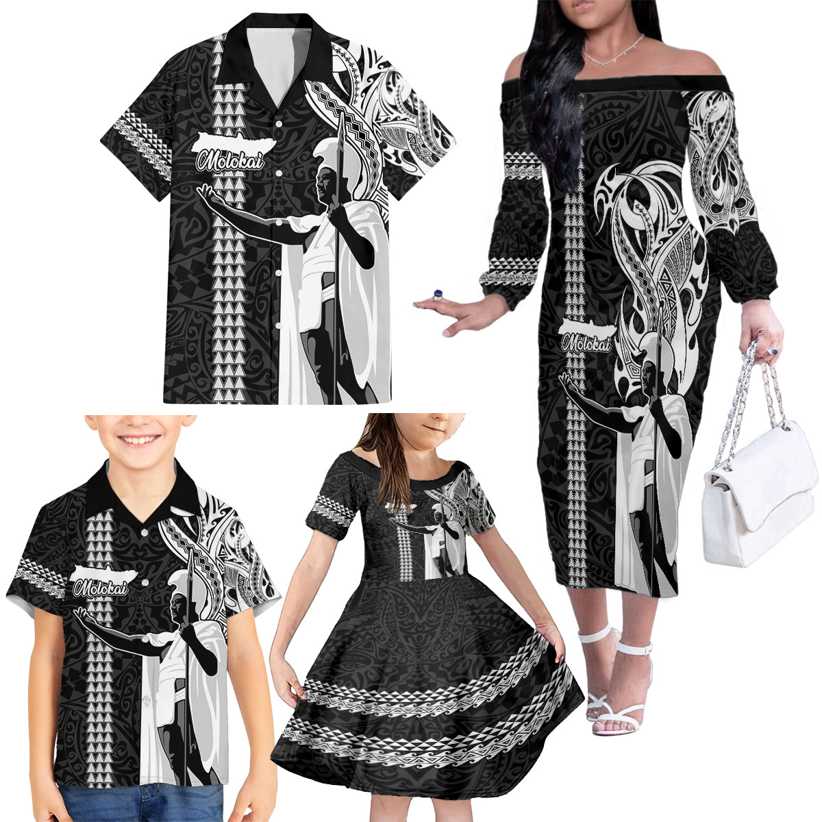 Hawaii Molokai Island Family Matching Off Shoulder Long Sleeve Dress and Hawaiian Shirt Hawaiian King and Kakau Symbols Abstract Shoulder Tattoo LT03 - Polynesian Pride