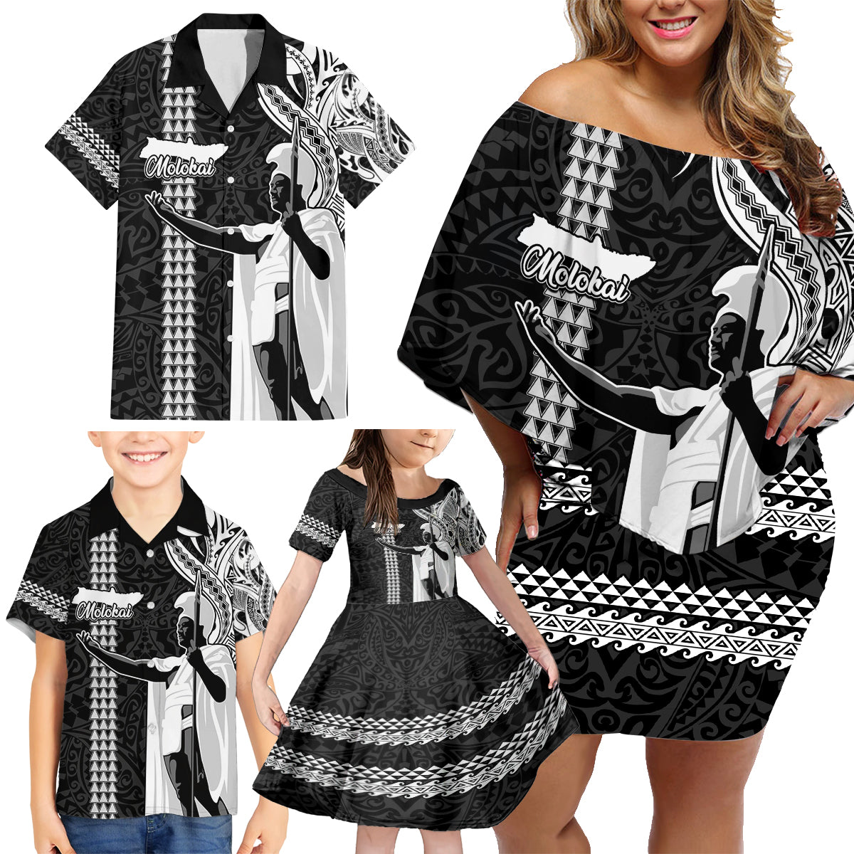 Hawaii Molokai Island Family Matching Off Shoulder Short Dress and Hawaiian Shirt Hawaiian King and Kakau Symbols Abstract Shoulder Tattoo LT03 - Polynesian Pride