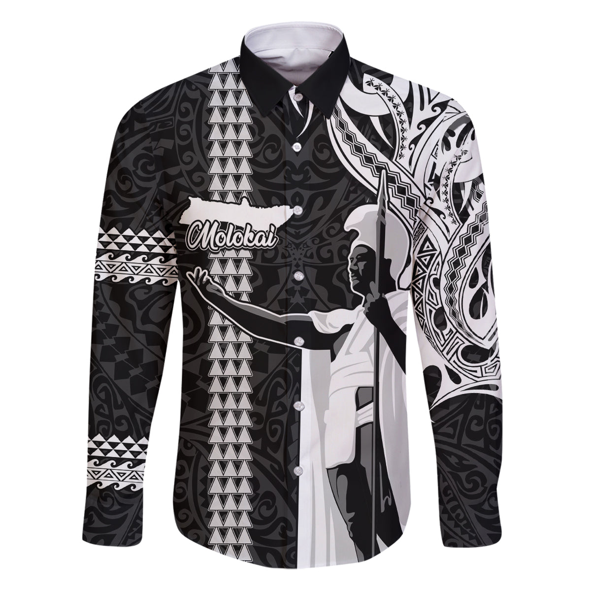 Hawaii Molokai Island Family Matching Puletasi Dress and Hawaiian Shirt Hawaiian King and Kakau Symbols Abstract Shoulder Tattoo LT03 Dad's Shirt - Long Sleeve Black - Polynesian Pride