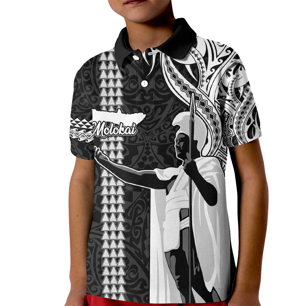 Hawaii Molokai Island Kid Polo Shirt Hawaiian King and Kakau Symbols Abstract Shoulder Tattoo LT03 Kid Black - Polynesian Pride