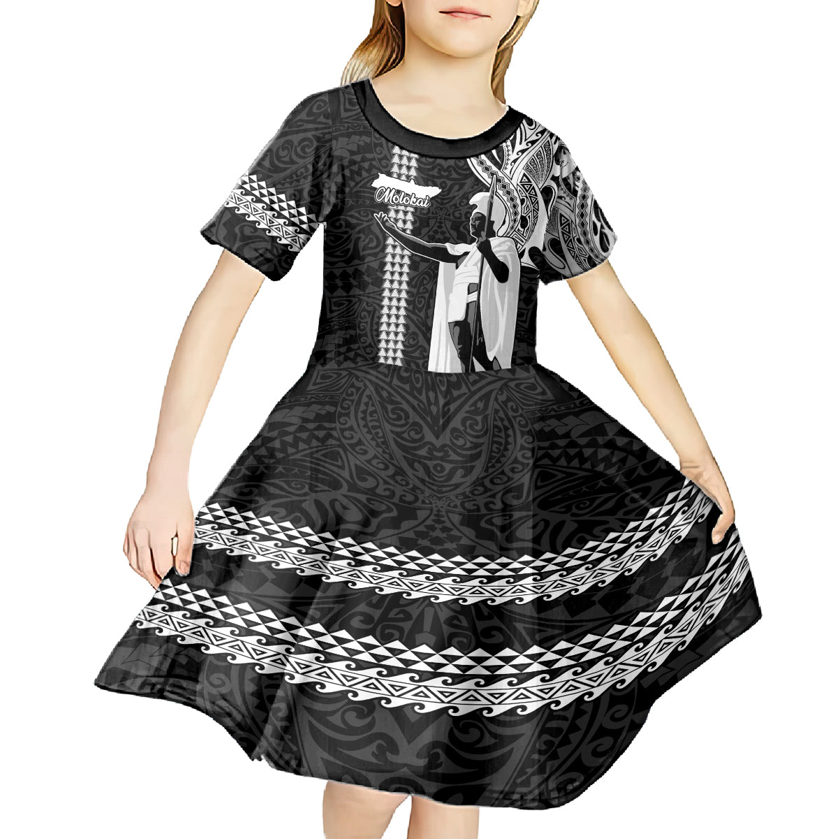 Hawaii Molokai Island Kid Short Sleeve Dress Hawaiian King and Kakau Symbols Abstract Shoulder Tattoo LT03 - Polynesian Pride