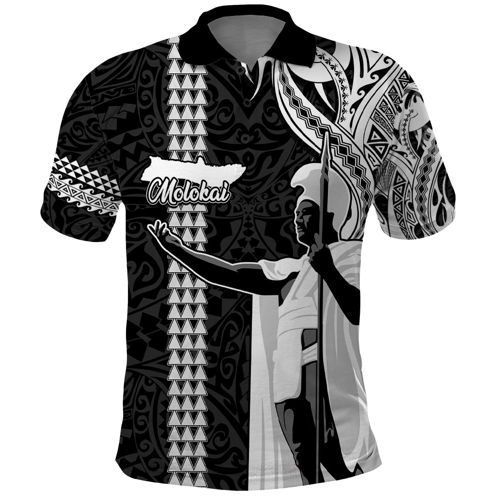 Hawaii Molokai Island Polo Shirt Hawaiian King and Kakau Symbols Abstract Shoulder Tattoo LT03 Black - Polynesian Pride