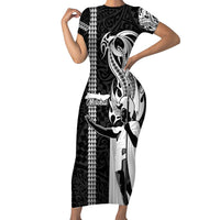 Hawaii Molokai Island Short Sleeve Bodycon Dress Hawaiian King and Kakau Symbols Abstract Shoulder Tattoo LT03 Long Dress Black - Polynesian Pride
