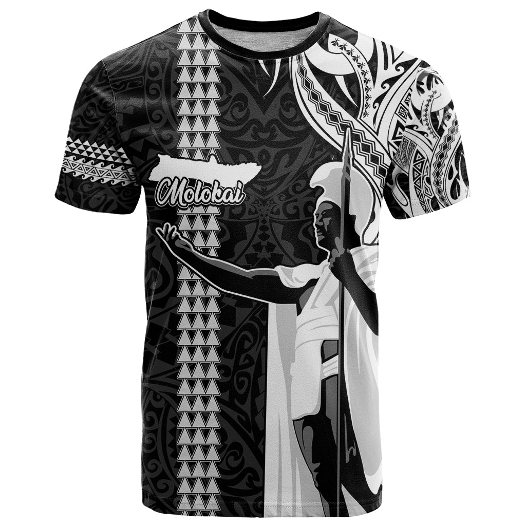 Hawaii Molokai Island T Shirt Hawaiian King and Kakau Symbols Abstract Shoulder Tattoo LT03 Black - Polynesian Pride