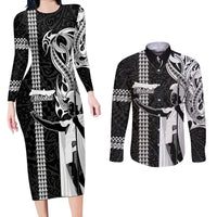 Custom Hawaii Molokai Island Couples Matching Long Sleeve Bodycon Dress and Long Sleeve Button Shirts Hawaiian King and Kakau Symbols Abstract Shoulder Tattoo LT03 Black - Polynesian Pride