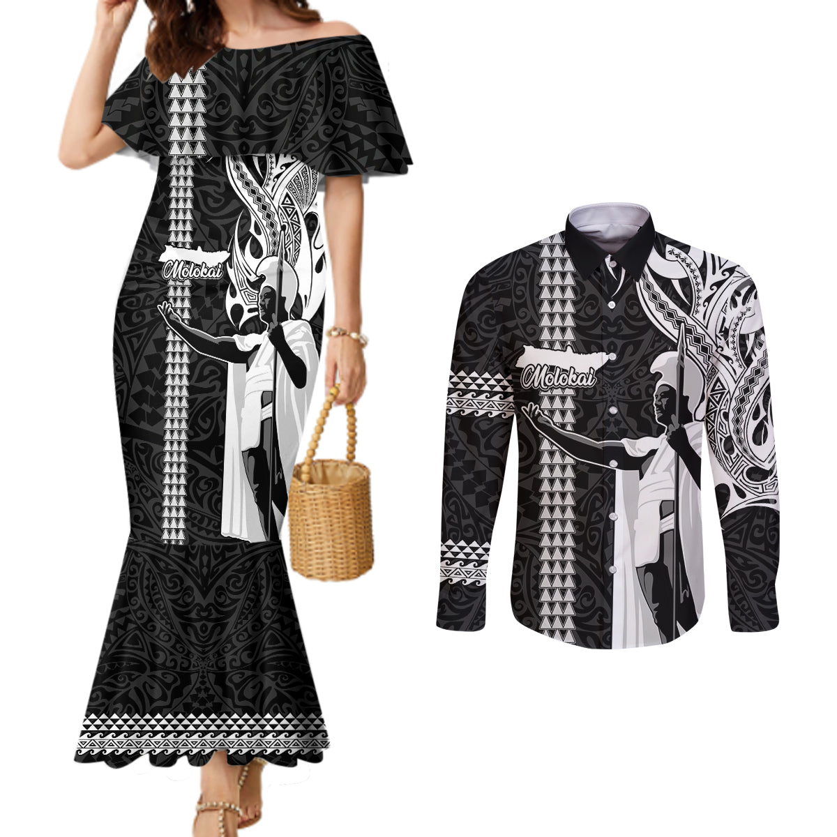 Custom Hawaii Molokai Island Couples Matching Mermaid Dress and Long Sleeve Button Shirts Hawaiian King and Kakau Symbols Abstract Shoulder Tattoo LT03 Black - Polynesian Pride