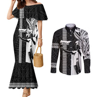 Custom Hawaii Molokai Island Couples Matching Mermaid Dress and Long Sleeve Button Shirts Hawaiian King and Kakau Symbols Abstract Shoulder Tattoo LT03 Black - Polynesian Pride