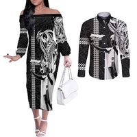 Custom Hawaii Molokai Island Couples Matching Off The Shoulder Long Sleeve Dress and Long Sleeve Button Shirts Hawaiian King and Kakau Symbols Abstract Shoulder Tattoo LT03 Black - Polynesian Pride