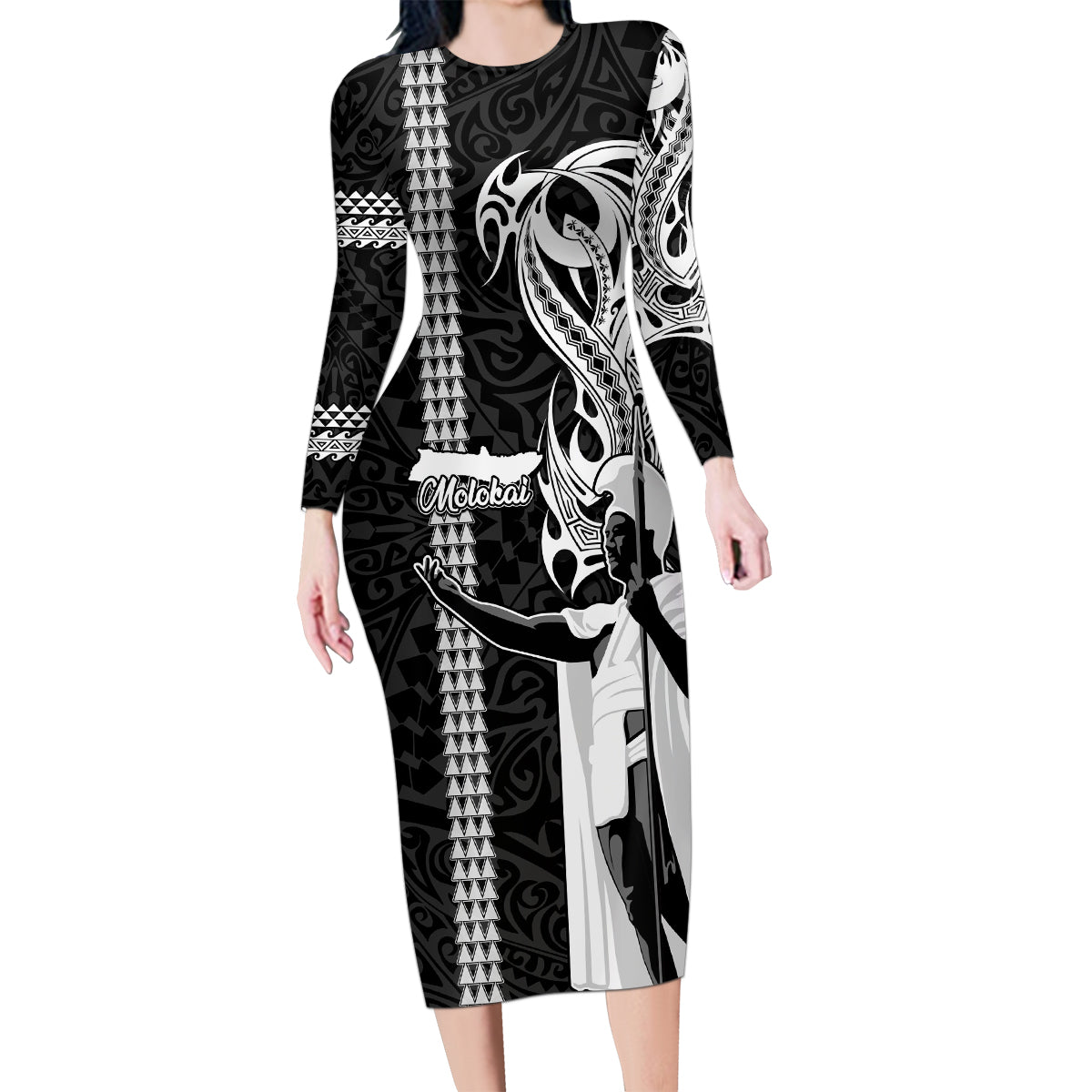 Custom Hawaii Molokai Island Family Matching Long Sleeve Bodycon Dress and Hawaiian Shirt Hawaiian King and Kakau Symbols Abstract Shoulder Tattoo LT03 Mom's Dress Black - Polynesian Pride