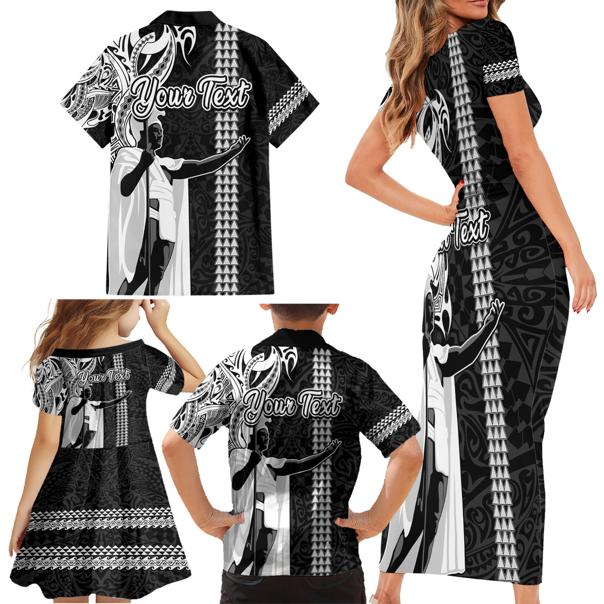 Custom Hawaii Molokai Island Family Matching Short Sleeve Bodycon Dress and Hawaiian Shirt Hawaiian King and Kakau Symbols Abstract Shoulder Tattoo LT03 - Polynesian Pride