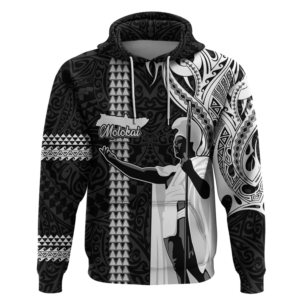 Custom Hawaii Molokai Island Hoodie Hawaiian King and Kakau Symbols Abstract Shoulder Tattoo LT03 Pullover Hoodie Black - Polynesian Pride