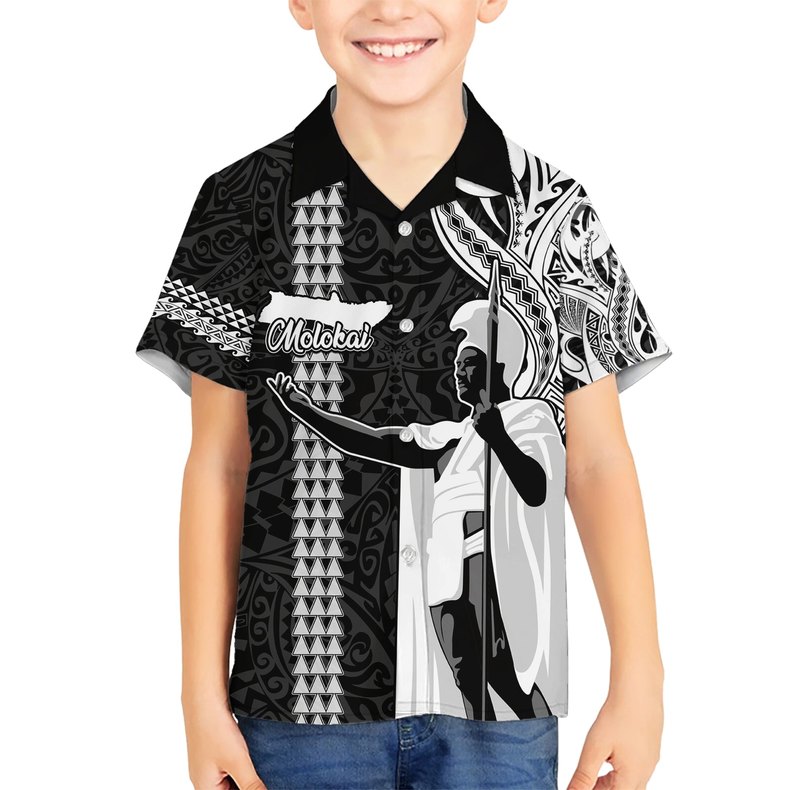 Custom Hawaii Molokai Island Kid Hawaiian Shirt Hawaiian King and Kakau Symbols Abstract Shoulder Tattoo LT03 Kid Black - Polynesian Pride
