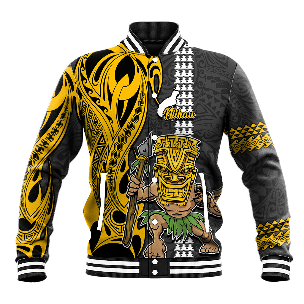 Hawaii Niihau Island Baseball Jacket Hawaiian Warrior and Kakau Symbols Abstract Tattoo LT03 Unisex Yellow - Polynesian Pride
