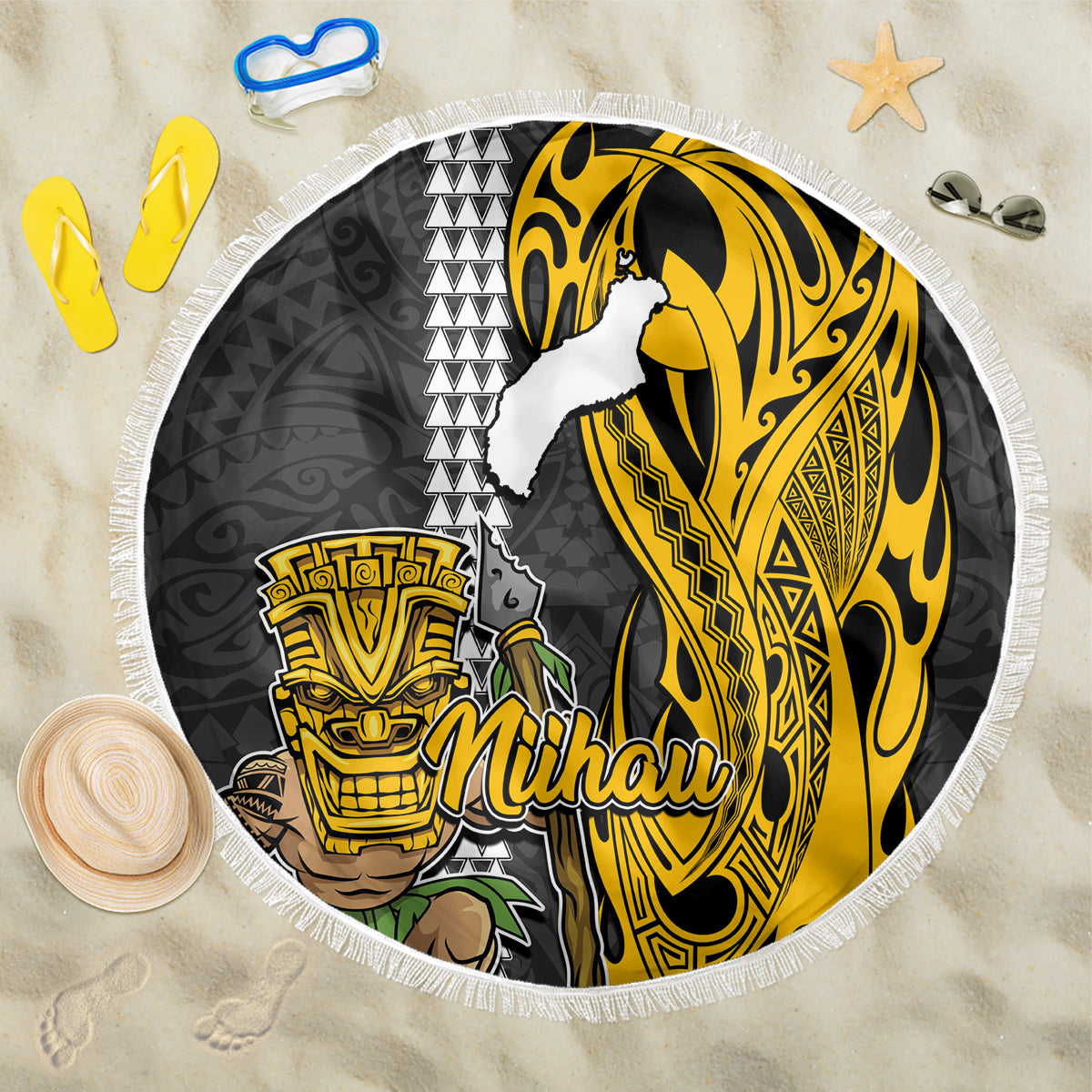 Hawaii Niihau Island Beach Blanket Hawaiian Warrior and Kakau Symbols Abstract Tattoo LT03 One Size 150cm Yellow - Wonder Print Shop