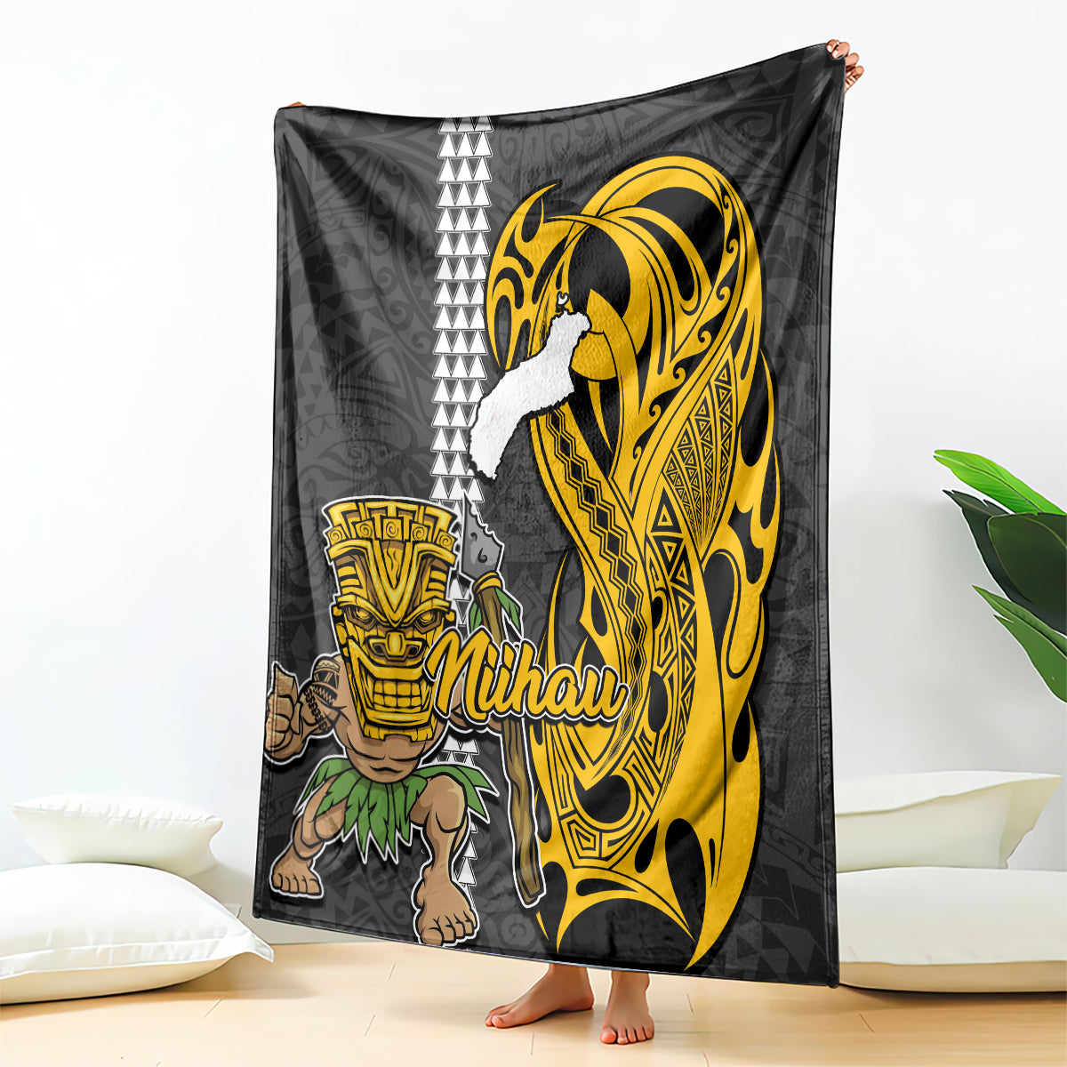 Hawaii Niihau Island Blanket Hawaiian Warrior and Kakau Symbols Abstract Tattoo LT03 Yellow - Polynesian Pride