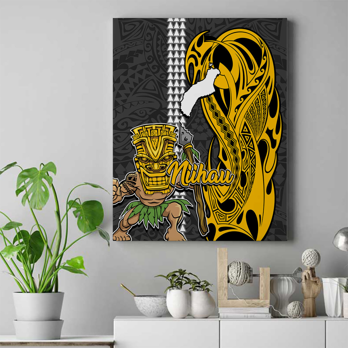 Hawaii Niihau Island Canvas Wall Art Hawaiian Warrior and Kakau Symbols Abstract Tattoo LT03 Yellow - Polynesian Pride